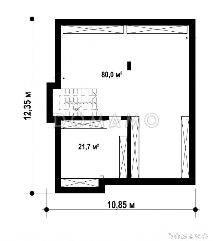 Проект  двухэтажного дома с гаражом для машины, подвалом, крытой террасой, кладовой на кухне, постирочной / План цокольного этажа