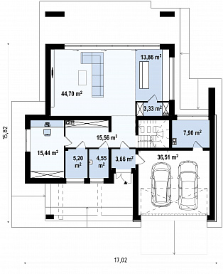 Проект просторного современного двухэтажного дома из газобетона с плоской крышей,  с пятью комнатами, гаражом и террасой на втором этаже / План 1 этажа
