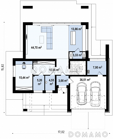 Проект просторного современного двухэтажного дома из газобетона с плоской крышей,  с пятью комнатами, гаражом и террасой на втором этаже / План 1 этажа