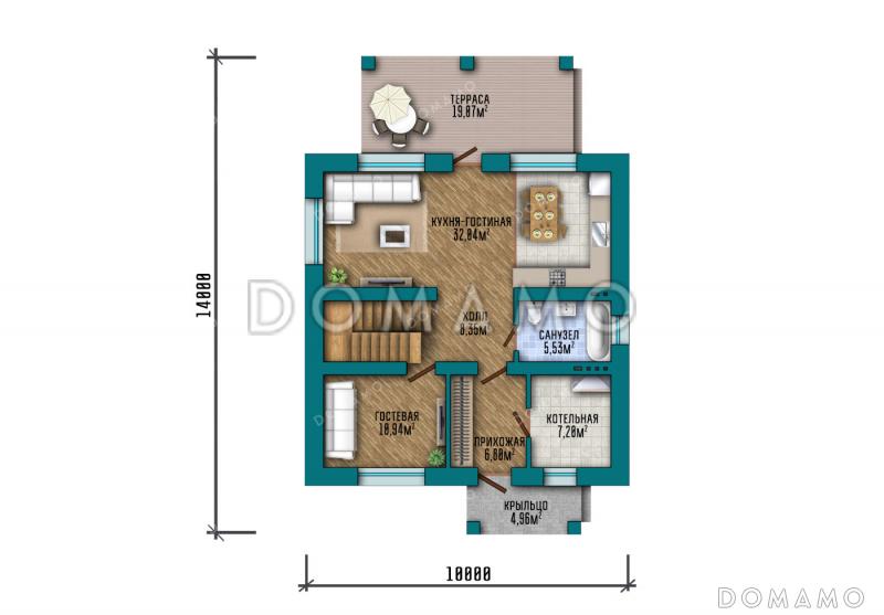 Проект двухэтажного дома с пятью комнатами и совмещенной кухней-гостиной / План 1 этажа