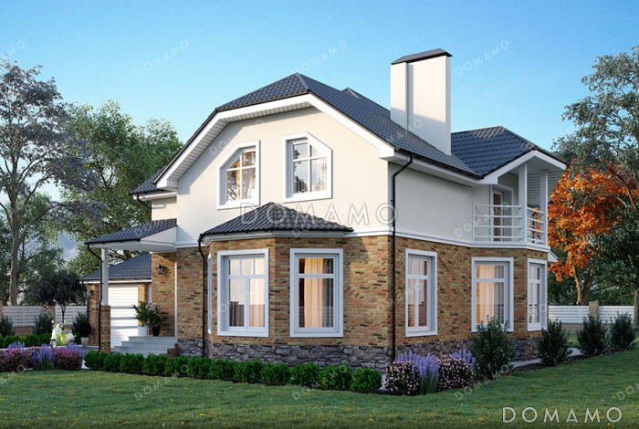 Проект дома с цокольным этажом, тремя спальнями, эркерами и гаражом на 2 машины