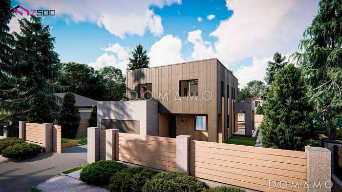 Проект двухэтажного загородного дома с гаражом, входом на кухню из гостиной и прихожей, кладовой, санузлом под лестницей