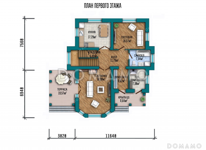 Проект двухэтажного дома с просторной террасой / План 1 этажа