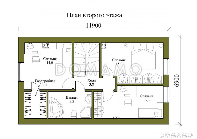 Проект компактного одноэтажного дома с мансардной и четырьмя спальнями / План мансардного этажа