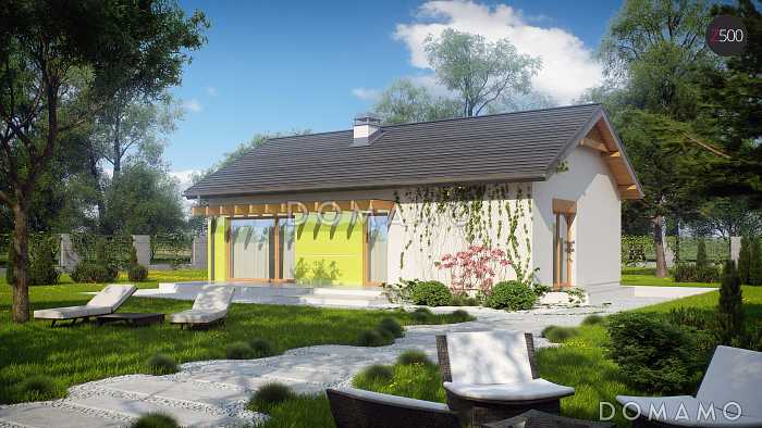 Проект компактного одноэтажного дома из кирпича с современными элементами экстерьера