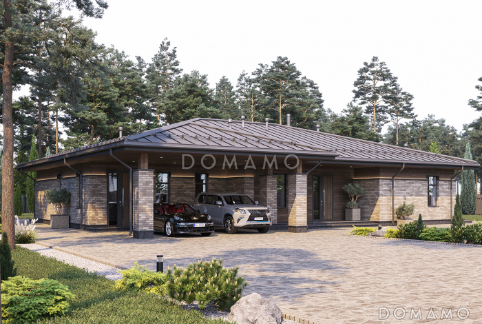 Проект дома с навесом для двух автомобилей, террасой с барбекю, мастер-спальней и сауной