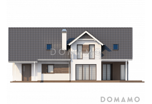 Проект одноэтажного мансардного дома из газобетона со встроенным гаражом и угловой террасой / Фасад 4