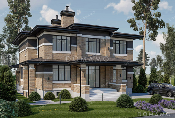 Проект большого двухэтажного дома с подвалом в стиле Райт с комбинированной отделкой и широкой кровлей