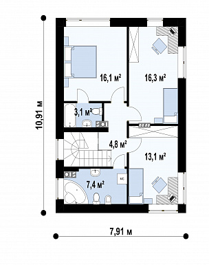 Проект загородного дома с подвалом, кладовой, гостиной с камином, тремя спальнями на втором этаже / План 2 этажа