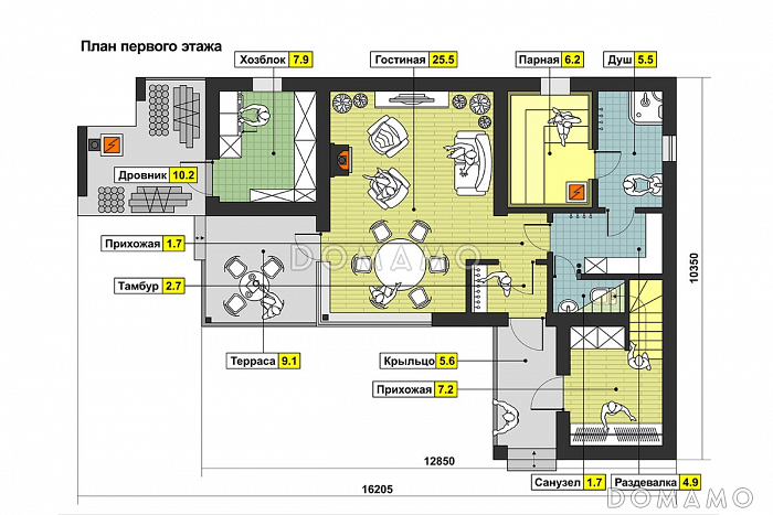 Проект дома с  крытой террасой, дровником, гостиной с камином, парной, двумя спальнями на мансардном этаже / План 1 этажа