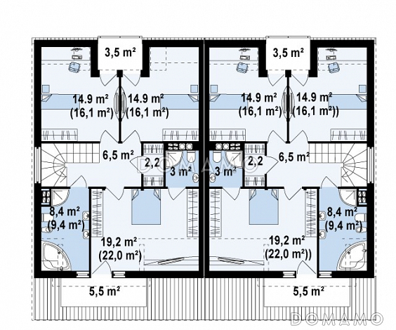 Проект мансардных домов-близнецов из газобетона с гаражом, тремя спальнями и красивым слуховым окном и балконом / План мансардного этажа