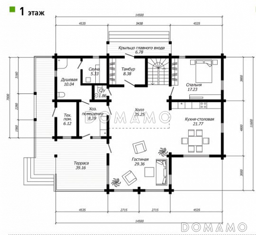 Проект дома из бруса с просторной гостиной со вторым светом / План 1 этажа