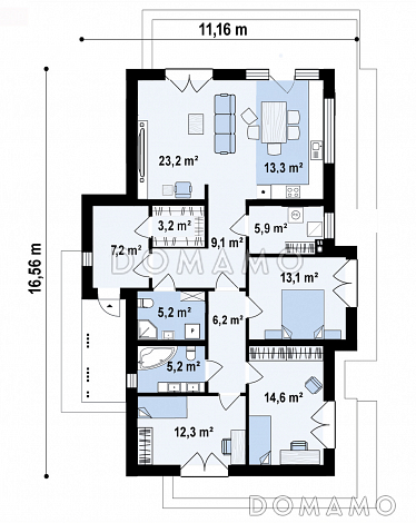 Проект одноэтажного дома с грамотной планировкой, эркером, навесом, объединенной кухней и гостиной / План 1 этажа