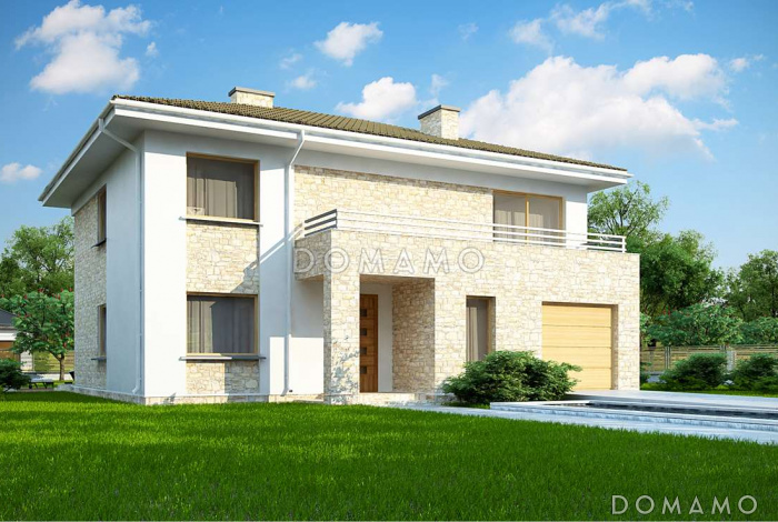 Проект современного двухэтажного дома из кирпича, с пятью комнатами, гаражом и террасами на обоих уровнях