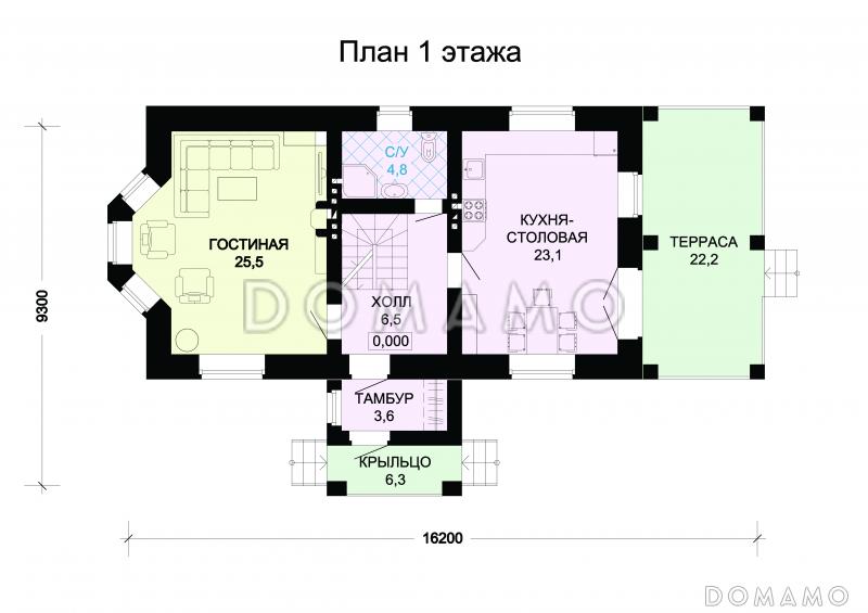 Проект гармоничного, кирпичного дома с эркером, сауной и коричневой крышей / План 1 этажа