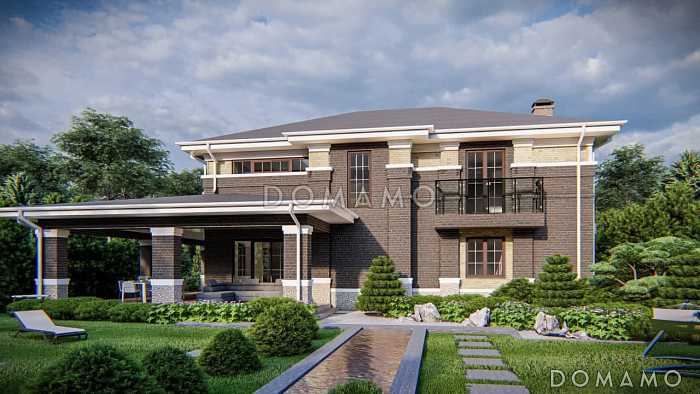 Проект двухэтажного дома с крытой террасой, гаражом, большой кухней и гостиной,  балконами