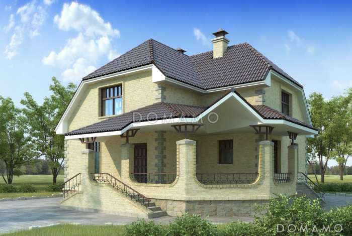 Проект коттеджа с большой террасой и небольшим подвалом.