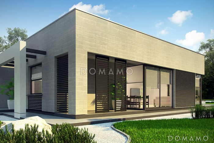 Проект просторного современного одноэтажного дома из кирпича с плоской крышей с четырьмя спальнями, террасой и крытым навесом для двух автомобилей