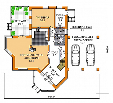 Проект дома из пеноблоков с площадкой для автомобиля / План 1 этажа