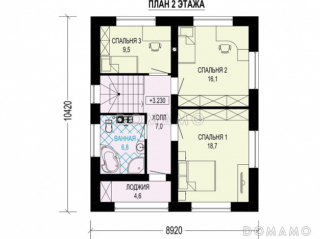 Проект двухэтажного дома с кладовой, кухней-столовой, лоджией / План 2 этажа