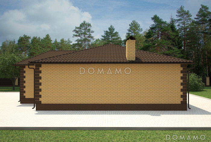 Проект дома с террасой и небольшой верандой, кухней-гостиной и тремя спальнями