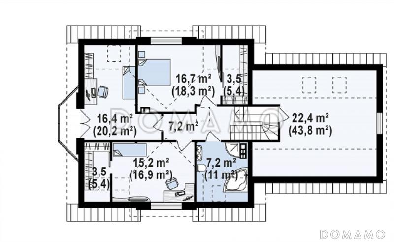Проект одноэтажного мансардного дома из кирпича с кабинетом, эркером, балконом над ним и гаражом на два автомобиля / План мансардного этажа