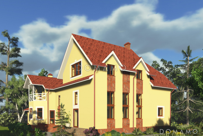 Проект дома с мансардным этажом, пристроенным гаражом и двумя балконами