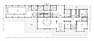 Проект двухэтажного дома мз клееного бруса с бассейном, джакузи, зоной отдыха, сауной, постирочной и душевой комнатой / План 1 этажа