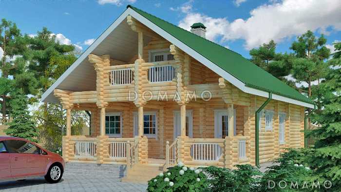 Проект дома из оцилиндрованного бревна с парной, хозяйской спальней с выходом на просторный балкон