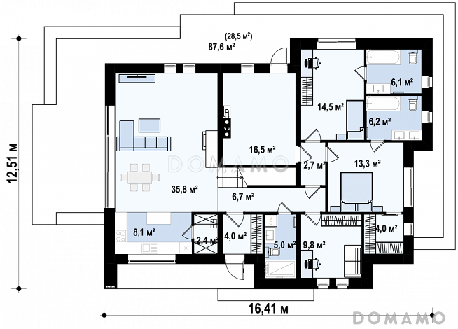 Проект дома из газобетона в стиле барнхаус с кабинетом, комнатой отдыха и увеличенной котельной / План 1 этажа