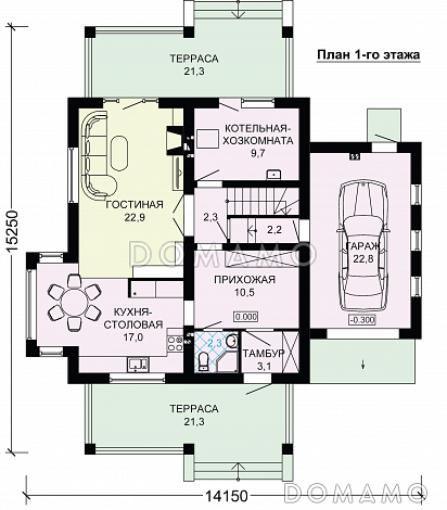 Проект двухэтажного газобетонного дома с гаражом,, масштабным остеклением и двумя террасами / План 1 этажа