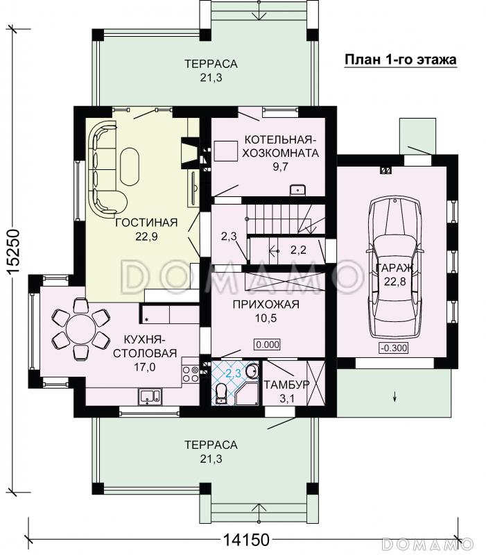 Проект двухэтажного газобетонного дома с гаражом,, масштабным остеклением и двумя террасами / План 1 этажа