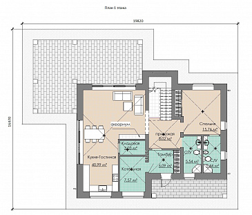 Проект загородного дома с просторной кухней-гостиной, кабинетом и сауной на втором этаже / План 1 этажа