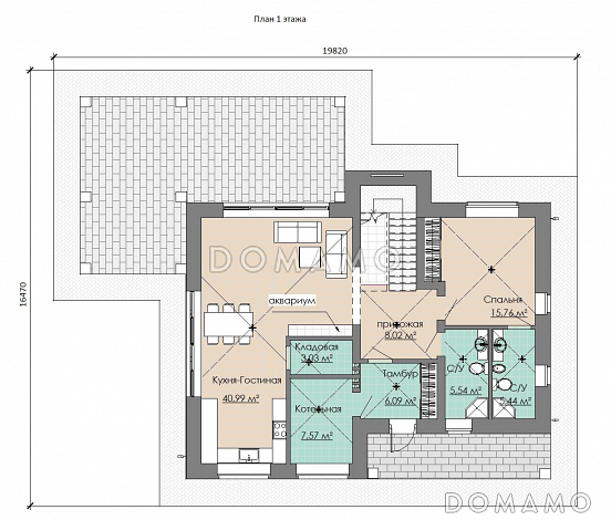 Проект загородного дома с просторной кухней-гостиной, кабинетом и сауной на втором этаже / План 1 этажа