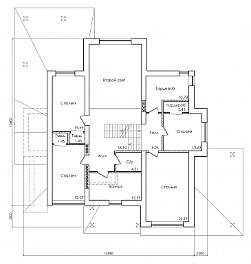 Проект особняка в трех уровнях, с комнатой отдыха на чердаке, с мастерской, гаражом и навесом под автомобиль / План 2 этажа