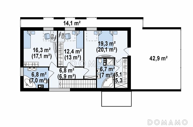 Проект современного двухэтажного дома из кирпича, с тремя спальнями, гаражом и террасой над ним / План 2 этажа