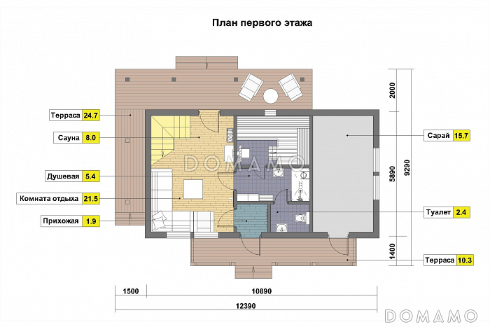 Проект бани из газобетонных блоков с угловой крытой террасой, сараем и мансардным этажом / План 1 этажа