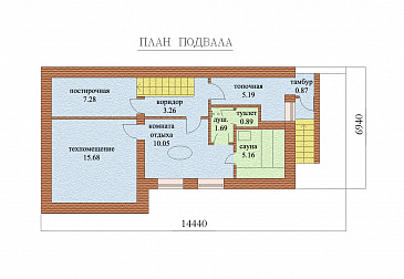 Проект двухэтажного дома с цокольным и мансардным этажами, с сауной и гаражом / План цокольного этажа
