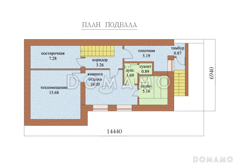 Проект двухэтажного дома с цокольным и мансардным этажами, с сауной и гаражом / План цокольного этажа