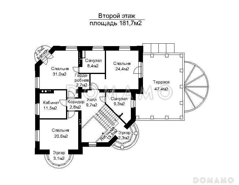 Проект дома с открытой террасой главного входа и пристроенным бассейном   / План 2 этажа