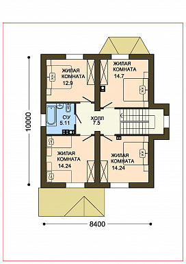 Проект уютного компактного коттеджа с зеленой крышей и панорамным эркером гостиной / План мансардного этажа