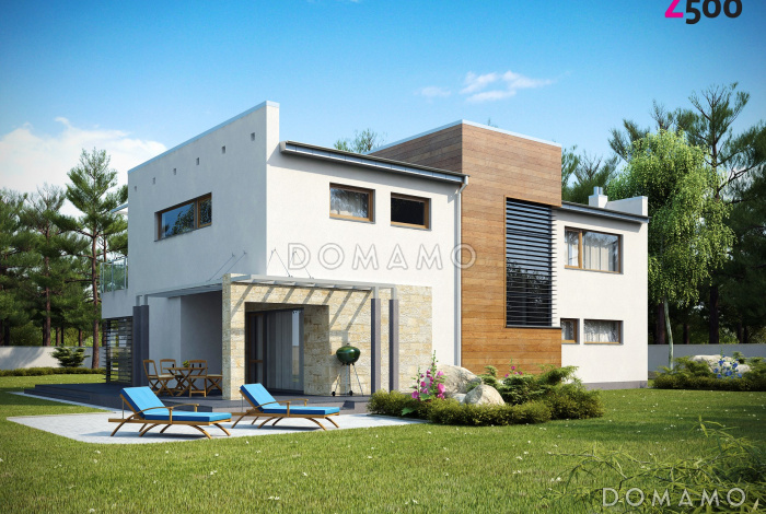 Проект современного двухэтажного дома в стиле хай-тек из газобетона с плоской крышей, гаражом и балконом