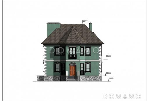 Проект большого двухэтажного дома с цоколем и мансардой,с эркером, сауной и бассейном / Фасад 1