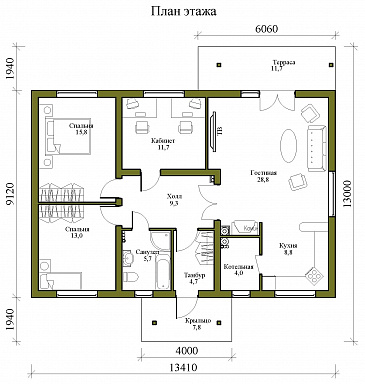Проект одноэтажного каркасного дома с просторной гостиной, двумя спальнями и кабинетом / План 1 этажа