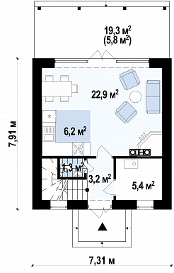 Проект небольшого мансардного дома из кирпича с панорамным остеклением дневной зоны / План 1 этажа