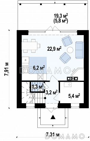 Проект небольшого мансардного дома из кирпича с панорамным остеклением дневной зоны / План 1 этажа