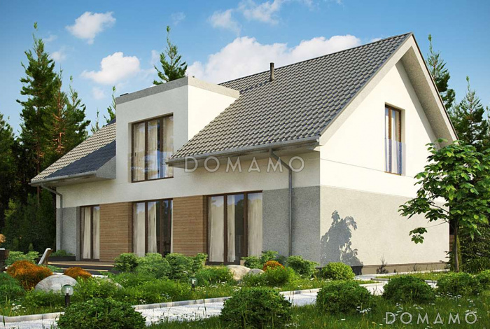 Проект комфортного одноэтажного мансардного дома из кирпича с гаражом и террасой над ним