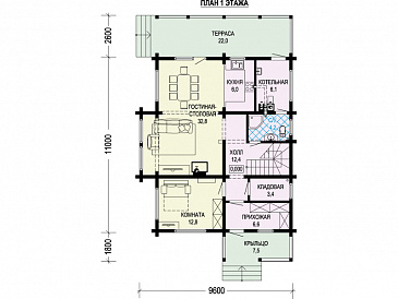Проект двухэтажного дома из бруса с пятью комнатами, эркером и крытой террасой / План 1 этажа