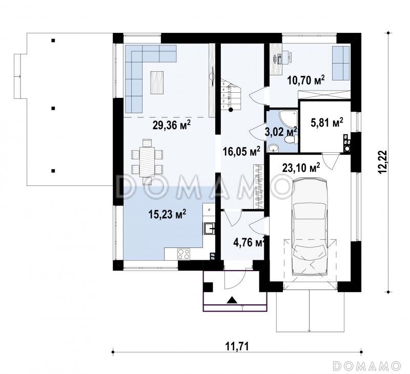 Проект современного двухэтажного дома из газобетона с четырьмя комнатами, гаражом и балконом / План 1 этажа