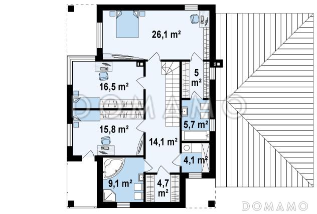 Проект просторного двухэтажного дома из кирпича с дополнительной спальней на первом этаже, гаражом и сауной / План 2 этажа